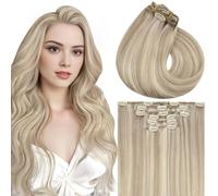 Vivien Hair Clip in Extensions Blonde Clip in Hair Extensions Human Hair Highlight Ash Blonde Mixed Light Blonde Clip in Hair Extensions Real Human Hair Straight Hair 7pcs 120g #16/22 20 Inch