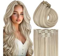 Vivien Hair Extensions Clip in Blonde Clip in Hair Extensions Real Human Hair Highlight Hair Extensions Clip in Human Hair Pre Bonded Straight 120g 7pcs #16/22 18inch