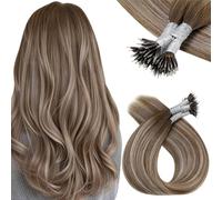 Vivien Nano Beads Hair Extensions Real Human Hair Blonde Nano Ring Hair Extensions Balayage Light Brown Mixed Platinum Blonde Nano Loop Human Hair Extensions 50g/50s #6/60/6 14 Inch
