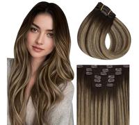 Vivien Real Human Hair Extensions Clip in Brown Balayage 20 Inch Clip in Extensions Natural Ombre Brown to Honey Blonde Double Weft Skily 120g 7pcs #4/27/4