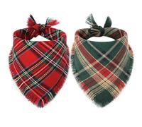 Vivifying Dog Christmas Bandanas, 2Pcs Adjustable Triangle Dog Bandana with Fringed Chequered Print, Dog Christmas Costume for Small Medium Dogs (Small, Green & Red)