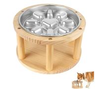 Vivifying Raised Dog Bowl, Stainless Steel Slow Feeder Dog Bowl with Pine Wood Stand, 15cm Height for Small&Medium Dogs