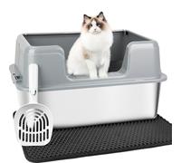 Vivifying Stainless Steel Cat Litter Tray with Lid, Easy to Clean and Odour-Resistant Stainless Steel Litter Tray, Leak-Proof Cat Litter Trays with Mat, Scoop, 60x40x15Cm,- Grey