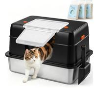 Vivifying XXL Stainless Steel Cat Litter Tray with 6.9L Cat Litter, Black | Made of Stainless Steel and with 6.9L Cat Litter