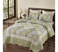 VIVILINEN Quilt Set Queen Size Green Patchwork Floral Quilted Bedspread Coverlet Set 3-Piece Reversible Comforter Lightweight Stitched Quilt Bedding Set Bed Sheet Cover Blanket with 2 Pillow Shams