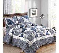VIVILINEN Quilted Bedspread Coverlet Set 3-Piece Floral Patchwork Reversible Quilt Set for Full/Queen Size Bed Cover with Pillow Shams (Grey, Full/Queen Size (87" x 94"))