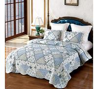 VIVILINEN Quilted Bedspread Coverlet Set 3-Piece Floral Patchwork Reversible Quilt Set for Full/Queen Size Bed Cover with Pillow Shams (Blue, Full/Queen Size (87" x 94"))