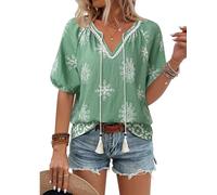 Vivilli Womens Summer Boho Tops Casual V Neck Short Sleeve Blouses Floral Print Shirt Tie Front Flowy Vacation Clothes, Light Green Floral, XL