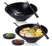 Vivimee Unbreakable Japanese Style Ramen Bowl Set of 2, 37oz Black Large Ramen Bowls and Spoons Set with Chopsticks & Saucers for Pho Thai Miso Udon Soup Noodles or Asian Food, Matte Melamine Bowls