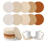 Vivinin Boho Coasters - Absorbent, 10 Psc Cotton, Woven, Brown Color Scheme Set for Room Decor & Gifts, 4.3 Inch