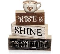 Viviralie Wooden Coffee Bar Sign Decor Set, Gift for Cafe Lovers | 4PCS Farmhouse Kitchen Decor Accessories, Rise & Shine It's Coffee Time Ornaments for Home Kitchen Bar Table Decoration
