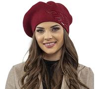 Vivisence Elegant Winter Beret for Women with Classic Style and Zirconia Accents Made from Warm Fabric Perfectly Fitted Ideal for Cold Winter and Autumn Days, Maroon,UNI