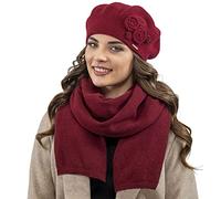 Vivisence Elegant Winter Set for Women Classic Wool Beret with Floral Decoration Suitable for Both Elegant and Sporty Outfits Ideal for Winter and Autumn Days, Maroon,UNI