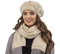 Vivisence Elegant Winter Set for Women Classic Wool Beret with Floral Decoration Suitable for Both Elegant and Sporty Outfits Ideal for Winter and Autumn Days, Beige,UNI