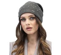 Vivisence Elegant Women's Winter Beanie with Pleated Back and Pearl Beads Made of Warm Soft and Thick Fabric Ideal for Cold Winter and Autumn Days, Dark Grey,UNI