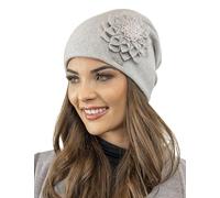 Vivisence Elegant Women's Winter Cap with Floral Decoration Static-Free Effect Perfectly Fitted Ideal for Cold Winter and Autumn Days Great Gift Idea, Light Grey,UNI