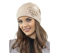 Vivisence Elegant Women's Winter Cap with Floral Decoration Static-Free Effect Perfectly Fitted Ideal for Cold Winter and Autumn Days Great Gift Idea, Beige,UNI