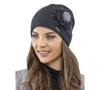 Vivisence Elegant Women's Winter Cap with Floral Decoration Static-Free Effect Perfectly Fitted Ideal for Cold Winter and Autumn Days Great Gift Idea, Dark Grey,UNI