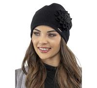 Vivisence Elegant Women's Winter Cap with Floral Decoration Static-Free Effect Perfectly Fitted Ideal for Cold Winter and Autumn Days Great Gift Idea, Black,UNI
