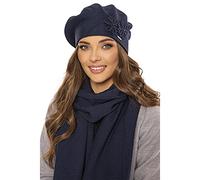 Vivisence Elegant Women's Winter Set Beret and Scarf with Classic Design and Floral Decoration Made of Warm and Soft Fabric with Wool Blend Ideal for Cold Winter Days, Dark Blue,UNI