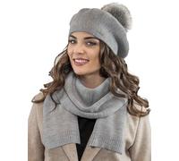 Vivisence Elegant Women's Winter Set Including Beret with Pompom and Matching Scarf Made of Warm Fabric Perfect for Cold Winter and Autumn Days, Light Grey,UNI
