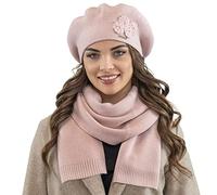 Vivisence Elegant Women's Winter Set Including Classic Beret with Floral Decoration and Matching Long Warm Wool Scarf Ideal for Cold Winter and Autumn Days, Light Pink,UNI