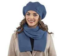 Vivisence Elegant Women's Winter Set Including Classic Beret with Floral Decoration and Matching Long Warm Wool Scarf Ideal for Cold Winter and Autumn Days, Blue,UNI