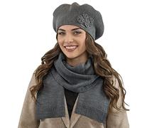Vivisence Elegant Women's Winter Set Including Classic Beret with Floral Decoration and Matching Long Warm Wool Scarf Ideal for Cold Winter and Autumn Days, Dark Grey,UNI
