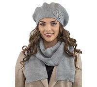 Vivisence Elegant Women's Winter Set Including Classic Beret with Floral Decoration and Matching Long Warm Wool Scarf Ideal for Cold Winter and Autumn Days, Light Grey,UNI