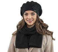 Vivisence Elegant Women's Winter Set Including Classic Beret with Floral Decoration and Matching Long Warm Wool Scarf Ideal for Cold Winter and Autumn Days, Black,UNI