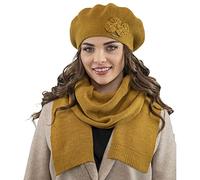 Vivisence Elegant Women's Winter Set Including Classic Beret with Floral Decoration and Matching Long Warm Wool Scarf Ideal for Cold Winter and Autumn Days, Honey,UNI
