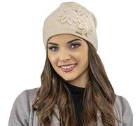Vivisence Elegant Woolen Cap for Women with Floral Decoration Made from Warm Woolen Fabric Static-Free Effect Ideal for Cold Winter and Autumn Days, Beige,UNI