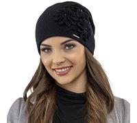 Vivisence Elegant Woolen Cap for Women with Floral Decoration Made from Warm Woolen Fabric Static-Free Effect Ideal for Cold Winter and Autumn Days, Black,UNI