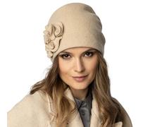 Vivisence Handmade Women's Winter Hat with Unique Hand-Embroidered Floral Decoration with Elastic Band No Static Hair Ideal for Cold Winter Days, Beige,UNI