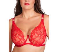 Vivisence Soft Lace Underwire Bra With Full Sheer Cups And Decorative Gold Elements Lingerie For Women Adjustable Straps And Lycra Back Lift & Gather Effect, Red,34G