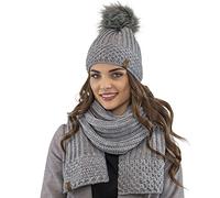 Vivisence Stylish Winter Set Including Warm Hat with Pompom and Matching Scarf Made from Warm and Soft Fleece-Lined Fabric Ideal for Cold Winter Days, Light Grey,UNI