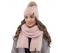 Vivisence Stylish Winter Set Including Warm Hat with Pompom and Matching Scarf Made from Warm and Soft Fleece-Lined Fabric Ideal for Cold Winter Days, Light Pink,UNI