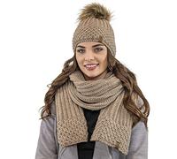 Vivisence Stylish Winter Set Including Warm Hat with Pompom and Matching Scarf Made from Warm and Soft Fleece-Lined Fabric Ideal for Cold Winter Days, Beige,UNI