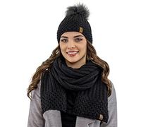 Vivisence Stylish Winter Set Including Warm Hat with Pompom and Matching Scarf Made from Warm and Soft Fleece-Lined Fabric Ideal for Cold Winter Days, Black,UNI