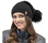 Vivisence Stylish Winter Women's Hat with Pom-Pom and Secure Extended Back Made from Warm Yarn with Double-Folded Bottom Unlined Interior Perfect for Cold Winter Days, Black,UNI