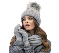 Vivisence Stylish Women’S Winter Set Cap with Pom-Pom Foldable Snood Scarf and Warm Gloves Made from Soft Yarn Anti-Static Fleece Lining Perfect for Cold Days, Light Grey,UNI