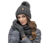 Vivisence Stylish Women’S Winter Set Cap with Pom-Pom Foldable Snood Scarf and Warm Gloves Made from Soft Yarn Anti-Static Fleece Lining Perfect for Cold Days, Graphite,UNI