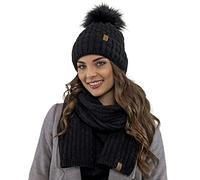 Vivisence Stylish Women's Winter Set Hat with Pompom and Warm Fleece Lining Paired with Classic Matching Scarf Made from Soft and Warm Fabric Perfect for Cold Weather, Black,UNI