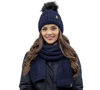 Vivisence Stylish Women's Winter Set Hat with Pompom and Warm Fleece Lining Paired with Classic Matching Scarf Made from Soft and Warm Fabric Perfect for Cold Weather, Dark Blue,UNI