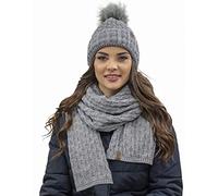 Vivisence Stylish Women's Winter Set Hat with Pompom and Warm Fleece Lining Paired with Classic Matching Scarf Made from Soft and Warm Fabric Perfect for Cold Weather, Light Grey,UNI