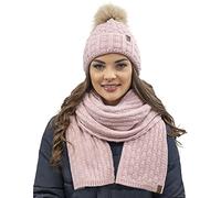 Vivisence Stylish Women's Winter Set Hat with Pompom and Warm Fleece Lining Paired with Classic Matching Scarf Made from Soft and Warm Fabric Perfect for Cold Weather, Light Pink,UNI