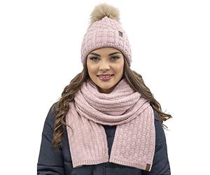 Vivisence Stylish Women's Winter Set Hat with Pompom and Warm Fleece Lining Paired with Classic Matching Scarf Made from Soft and Warm Fabric Perfect for Cold Weather, Light Pink,UNI