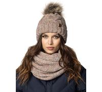 Vivisence Stylish Women's Winter Set Including Pompom Hat and Cozy Snood Scarf Made from Soft and Warm Fabric Smooth Fleece Lining Ideal for Cold Days, Brown Melange,UNI