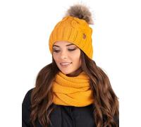 Vivisence Stylish Women's Winter Set Including Pompom Hat and Cozy Snood Scarf Made from Soft and Warm Fabric Smooth Fleece Lining Ideal for Cold Days, Honey,UNI