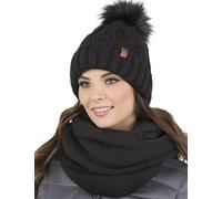 Vivisence Stylish Women's Winter Set Including Pompom Hat and Cozy Snood Scarf Made from Soft and Warm Fabric Smooth Fleece Lining Ideal for Cold Days, Black,UNI